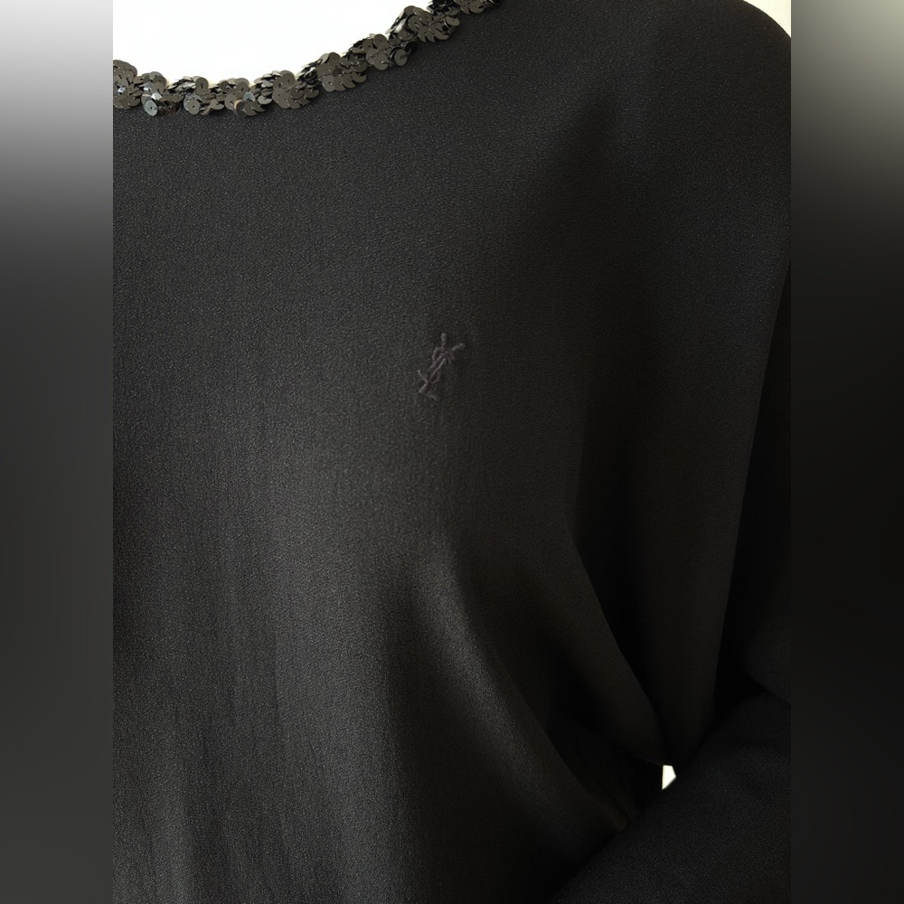 Yves Saint Laurent Black Batwing Top | Sequin Trim Draped Blouse Made in France - Picture 6 of 11